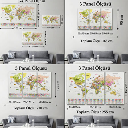 Detaylı Sembollü Bayraklı  Türkçe Dünya Haritası Dekoratif Kanvas Tablo, Duvar Dekoru 2850
