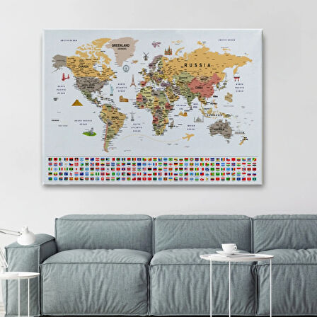 Detaylı Sembollü Bayraklı  İngilizce Dünya Haritası Dekoratif Kanvas Tablo, Duvar Dekoru 2853