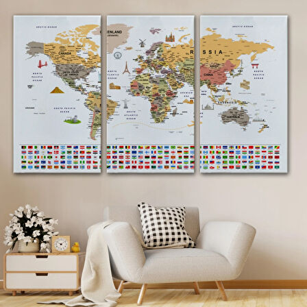 Detaylı Sembollü Bayraklı  İngilizce Dünya Haritası Dekoratif Kanvas Tablo, Duvar Dekoru 2853