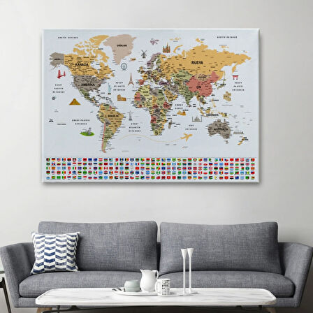 Detaylı Sembollü Bayraklı  Türkçe Dünya Haritası Dekoratif Kanvas Tablo, Duvar Dekoru 2854