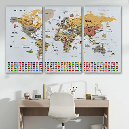 Detaylı Sembollü Bayraklı  Türkçe Dünya Haritası Dekoratif Kanvas Tablo, Duvar Dekoru 2854