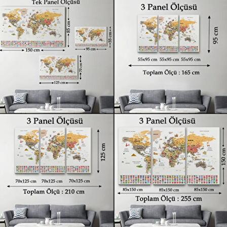 Detaylı Sembollü Bayraklı  Türkçe Dünya Haritası Dekoratif Kanvas Tablo, Duvar Dekoru 2854