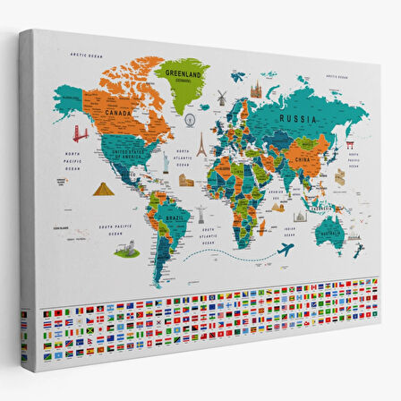 Detaylı Sembollü Bayraklı  İngilizce Dünya Haritası Dekoratif Kanvas Tablo, Duvar Dekoru 2855