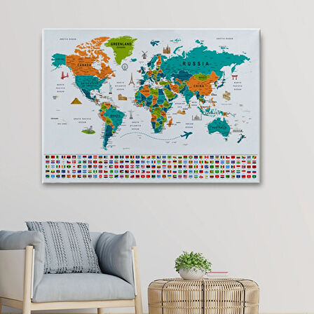 Detaylı Sembollü Bayraklı  İngilizce Dünya Haritası Dekoratif Kanvas Tablo, Duvar Dekoru 2855