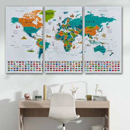 Detaylı Sembollü Bayraklı  İngilizce Dünya Haritası Dekoratif Kanvas Tablo, Duvar Dekoru 2855