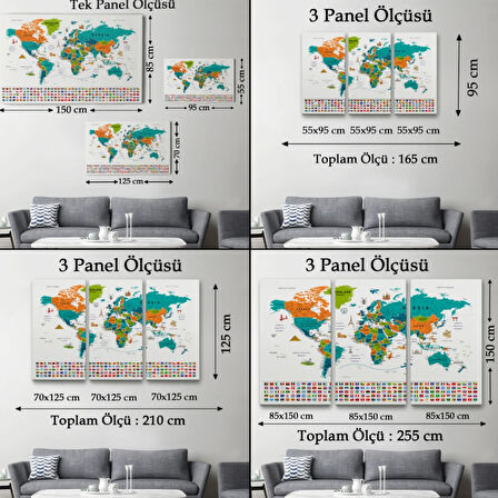 Detaylı Sembollü Bayraklı  İngilizce Dünya Haritası Dekoratif Kanvas Tablo, Duvar Dekoru 2855