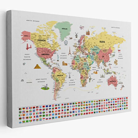 Detaylı Sembollü Bayraklı  Türkçe Dünya Haritası Dekoratif Kanvas Tablo, Duvar Dekoru 2864
