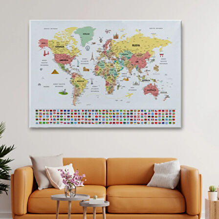 Detaylı Sembollü Bayraklı  Türkçe Dünya Haritası Dekoratif Kanvas Tablo, Duvar Dekoru 2864