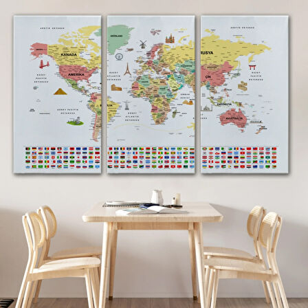 Detaylı Sembollü Bayraklı  Türkçe Dünya Haritası Dekoratif Kanvas Tablo, Duvar Dekoru 2864