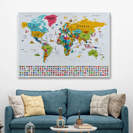 Detaylı Sembollü Bayraklı  İngilizce Dünya Haritası Dekoratif Kanvas Tablo, Duvar Dekoru 2867