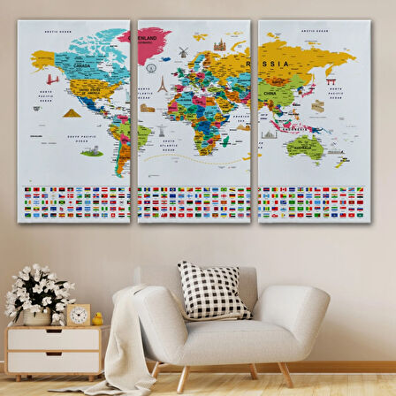 Detaylı Sembollü Bayraklı  İngilizce Dünya Haritası Dekoratif Kanvas Tablo, Duvar Dekoru 2867