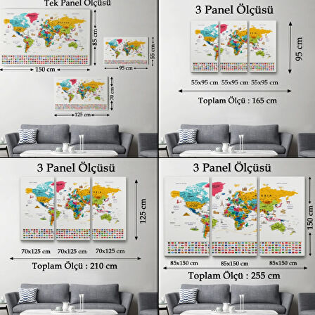 Detaylı Sembollü Bayraklı  İngilizce Dünya Haritası Dekoratif Kanvas Tablo, Duvar Dekoru 2867