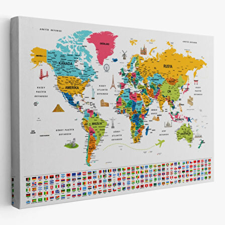 Detaylı Sembollü Bayraklı  Türkçe Dünya Haritası Dekoratif Kanvas Tablo, Duvar Dekoru 2868