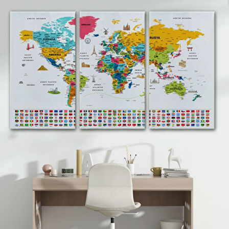 Detaylı Sembollü Bayraklı  Türkçe Dünya Haritası Dekoratif Kanvas Tablo, Duvar Dekoru 2868