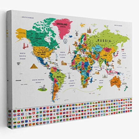 Detaylı Sembollü Bayraklı  İngilizce Dünya Haritası Dekoratif Kanvas Tablo, Duvar Dekoru 2869