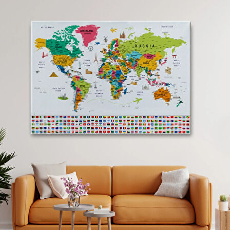 Detaylı Sembollü Bayraklı  İngilizce Dünya Haritası Dekoratif Kanvas Tablo, Duvar Dekoru 2869