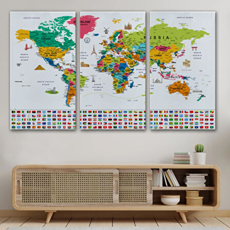 Detaylı Sembollü Bayraklı  İngilizce Dünya Haritası Dekoratif Kanvas Tablo, Duvar Dekoru 2869