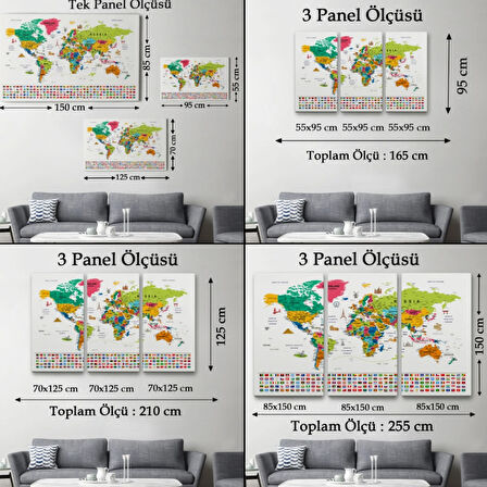 Detaylı Sembollü Bayraklı  İngilizce Dünya Haritası Dekoratif Kanvas Tablo, Duvar Dekoru 2869
