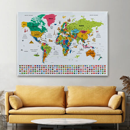 Ülke Bayrakları ve Semboller Türkçe Dünya Haritası Dekoratif Kanvas Tablo, Duvar Dekoru 2870