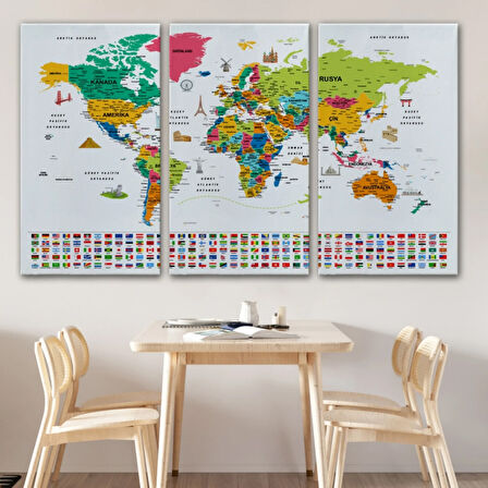 Ülke Bayrakları ve Semboller Türkçe Dünya Haritası Dekoratif Kanvas Tablo, Duvar Dekoru 2870