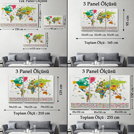 Ülke Bayrakları ve Semboller Türkçe Dünya Haritası Dekoratif Kanvas Tablo, Duvar Dekoru 2870