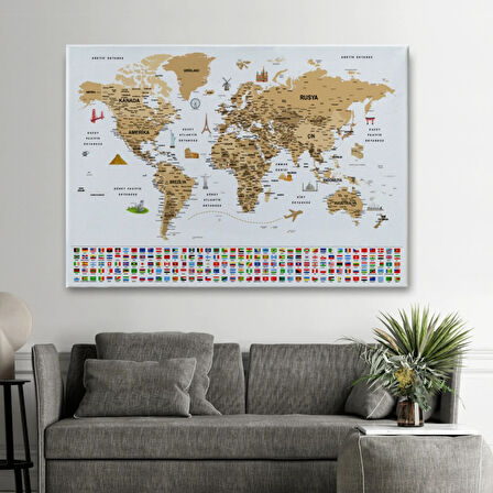 Detaylı Sembollü Bayraklı  Türkçe Dünya Haritası Dekoratif Kanvas Tablo, Duvar Dekoru 2874