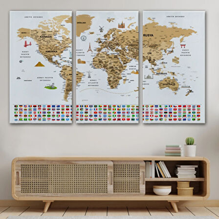 Detaylı Sembollü Bayraklı  Türkçe Dünya Haritası Dekoratif Kanvas Tablo, Duvar Dekoru 2874