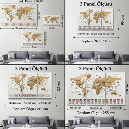 Detaylı Sembollü Bayraklı  Türkçe Dünya Haritası Dekoratif Kanvas Tablo, Duvar Dekoru 2874