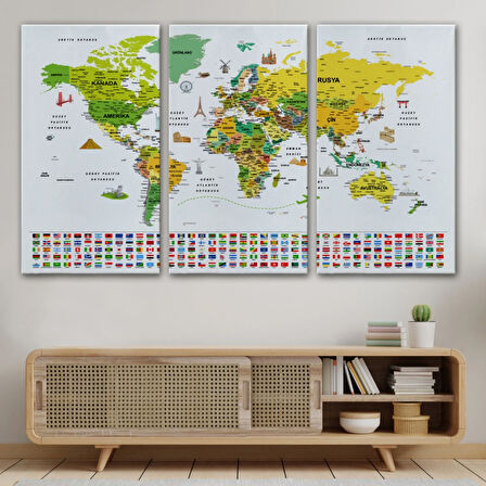 Detaylı Sembollü Bayraklı  Türkçe Dünya Haritası Dekoratif Kanvas Tablo, Duvar Dekoru 2876