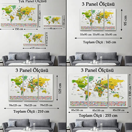 Detaylı Sembollü Bayraklı  Türkçe Dünya Haritası Dekoratif Kanvas Tablo, Duvar Dekoru 2876