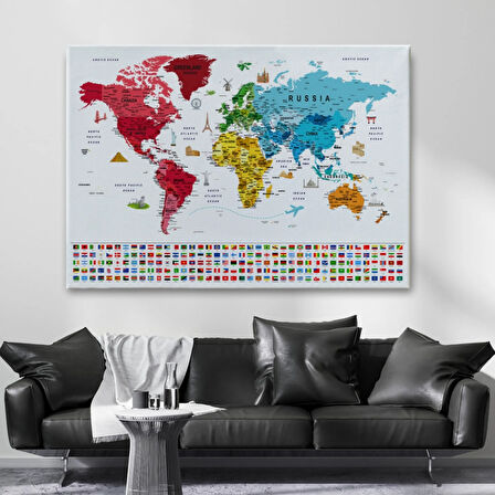 Detaylı Sembollü Bayraklı  İngilizce Dünya Haritası Dekoratif Kanvas Tablo, Duvar Dekoru 2877