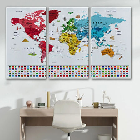 Detaylı Sembollü Bayraklı  İngilizce Dünya Haritası Dekoratif Kanvas Tablo, Duvar Dekoru 2877