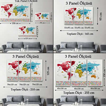 Detaylı Sembollü Bayraklı  İngilizce Dünya Haritası Dekoratif Kanvas Tablo, Duvar Dekoru 2877