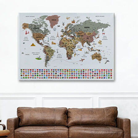 Detaylı Sembollü Bayraklı  Türkçe Dünya Haritası Dekoratif Kanvas Tablo, Duvar Dekoru 2880