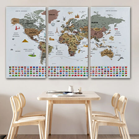 Detaylı Sembollü Bayraklı  Türkçe Dünya Haritası Dekoratif Kanvas Tablo, Duvar Dekoru 2880