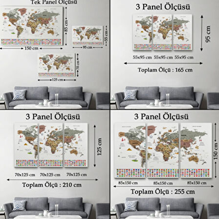 Detaylı Sembollü Bayraklı  Türkçe Dünya Haritası Dekoratif Kanvas Tablo, Duvar Dekoru 2880