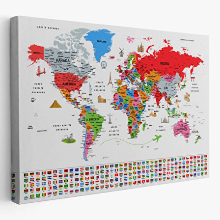 Detaylı Sembollü Bayraklı  Türkçe Dünya Haritası Dekoratif Kanvas Tablo, Duvar Dekoru 2884