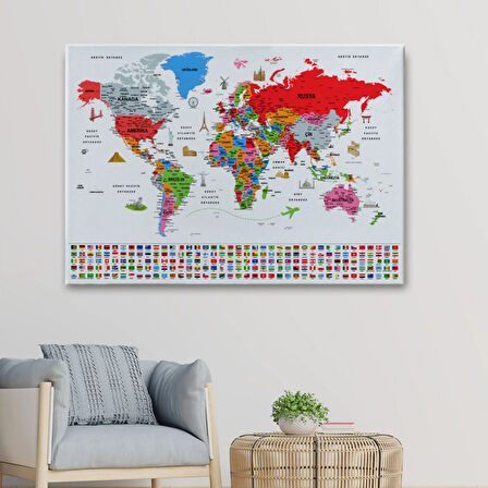 Detaylı Sembollü Bayraklı  Türkçe Dünya Haritası Dekoratif Kanvas Tablo, Duvar Dekoru 2884