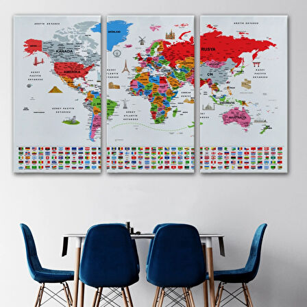 Detaylı Sembollü Bayraklı  Türkçe Dünya Haritası Dekoratif Kanvas Tablo, Duvar Dekoru 2884