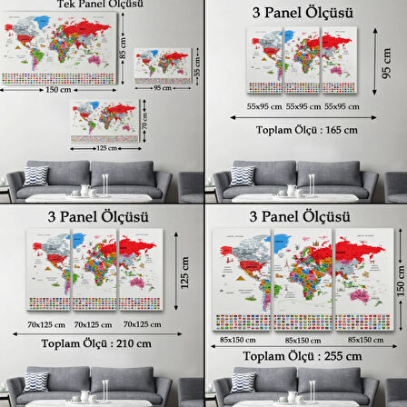 Detaylı Sembollü Bayraklı  Türkçe Dünya Haritası Dekoratif Kanvas Tablo, Duvar Dekoru 2884