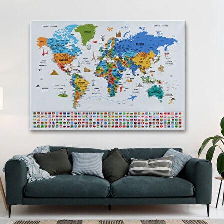 Detaylı Sembollü Bayraklı  Türkçe Dünya Haritası Dekoratif Kanvas Tablo, Duvar Dekoru 2886