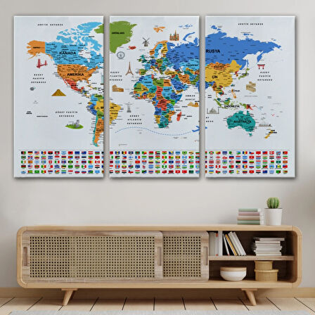 Detaylı Sembollü Bayraklı  Türkçe Dünya Haritası Dekoratif Kanvas Tablo, Duvar Dekoru 2886