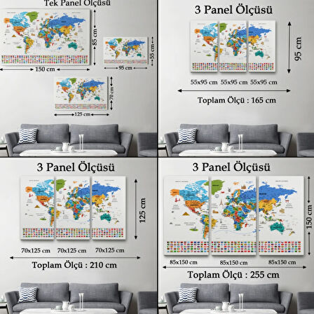 Detaylı Sembollü Bayraklı  Türkçe Dünya Haritası Dekoratif Kanvas Tablo, Duvar Dekoru 2886