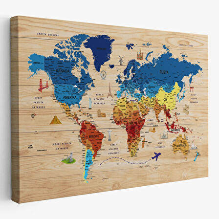 Ahşap Görünüm Sembollü  Türkçe Dünya Haritası Dekoratif Kanvas Tablo, Duvar Dekoru 2891