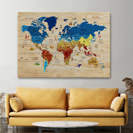 Ahşap Görünüm Sembollü  Türkçe Dünya Haritası Dekoratif Kanvas Tablo, Duvar Dekoru 2891