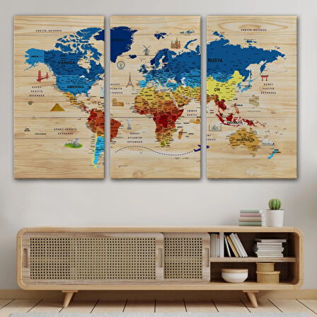 Ahşap Görünüm Sembollü  Türkçe Dünya Haritası Dekoratif Kanvas Tablo, Duvar Dekoru 2891