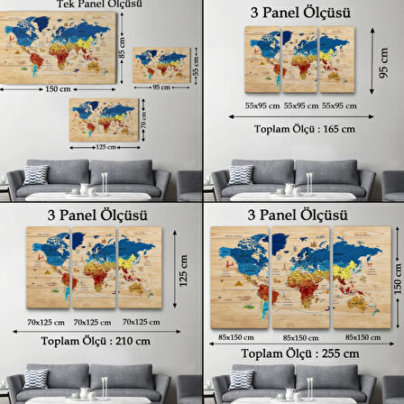 Ahşap Görünüm Sembollü  Türkçe Dünya Haritası Dekoratif Kanvas Tablo, Duvar Dekoru 2891