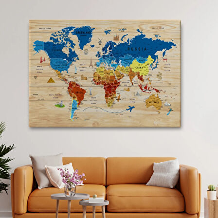 Ahşap Görünüm Sembollü  İngilizce Dünya Haritası Dekoratif Kanvas Tablo, Duvar Dekoru 2892