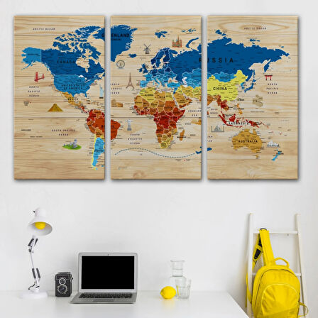 Ahşap Görünüm Sembollü  İngilizce Dünya Haritası Dekoratif Kanvas Tablo, Duvar Dekoru 2892