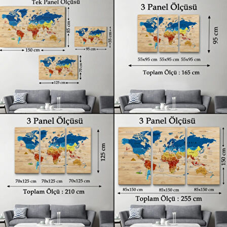 Ahşap Görünüm Sembollü  İngilizce Dünya Haritası Dekoratif Kanvas Tablo, Duvar Dekoru 2892